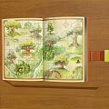 Open Illustrated Book With Forest Trees River Bridge On Wooden Tabletop And Yellow Bookmark