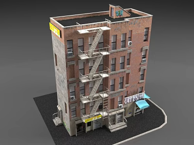 Multi Story Brick Building With External Fire Escape And Ground Floor Shops 3d model