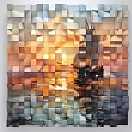 3D Cube Mosaic Wall Decor Featuring Sunset Seascape And Sailing Ship Design 3d model