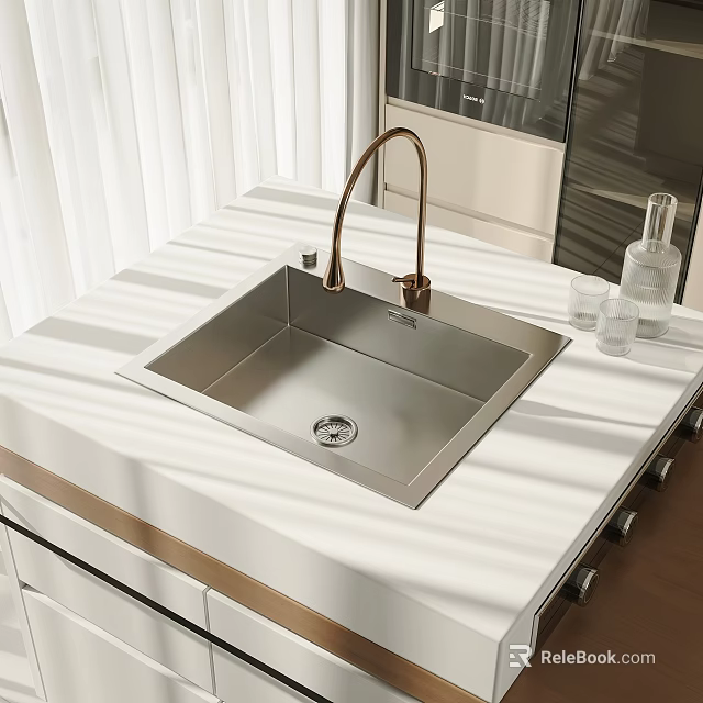 Modern Stainless Steel Washbasin with Brass Faucet and Glass Cups on White Countertop 3d model 