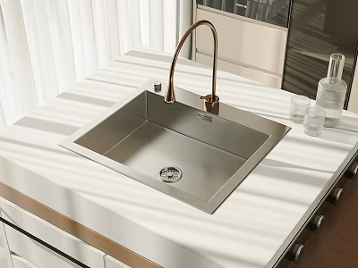 Modern Stainless Steel Washbasin with Brass Faucet and Glass Cups on White Countertop 3d model