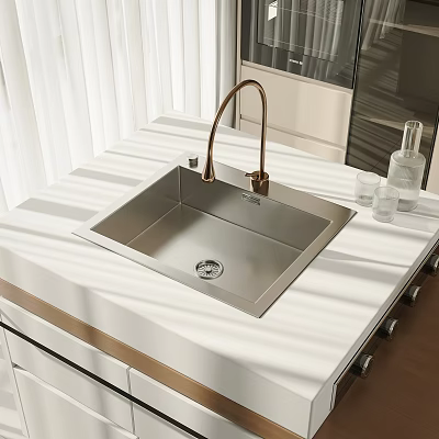 Modern Stainless Steel Washbasin with Brass Faucet and Glass Cups on White Countertop 3d model
