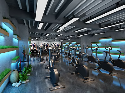 Modern Fitness Gym Interior With Workout Equipment And Green Plant Decor 3d model
