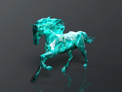 Geometric Turquoise Running Horse Sculpture with Polygonal Design on Dark Background 3d model
