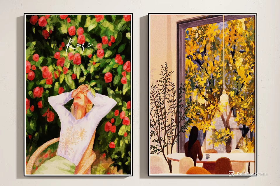 Two Art Paintings Featuring Red Roses Person In Chair Yellow Trees Window Scene And Table 3d model 