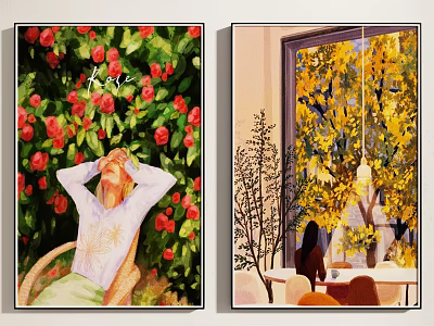 Two Art Paintings Featuring Red Roses Person In Chair Yellow Trees Window Scene And Table 3d model