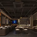 Modern Restaurant Interior With Arranged Tables Chairs Pendant Lights Neon Sign And Wall Decor