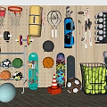 Diverse Sports Equipment Collection Featuring Basketballs Soccer Balls Dumbbells Tennis Rackets Skateboards And Ski Poles