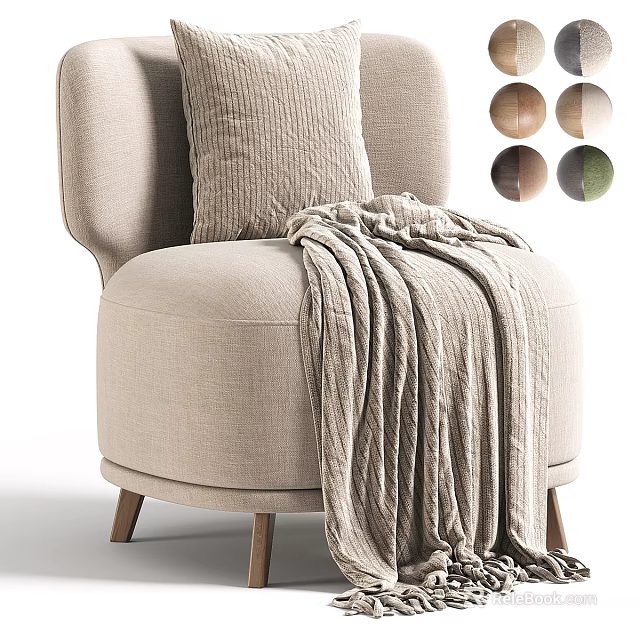 Beige Fabric Single Sofa With Decorative Pillow Blanket Wooden Legs And Multiple Color Options 3d model 
