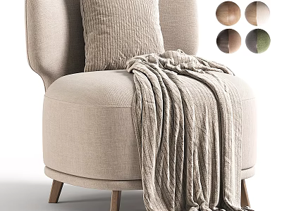 Beige Fabric Single Sofa With Decorative Pillow Blanket Wooden Legs And Multiple Color Options 3d model