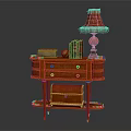Mahogany Console Table With Red Lampshade Books Box And Decorative Items