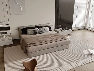Modern Double Bed with Gray Bedding Pillows and Beige Area Rug in Bedroom 3d model