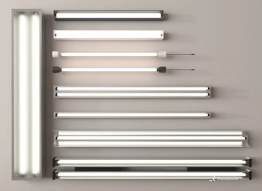 Various Types of Illuminated Fluorescent Tubes in Different Sizes Mounted on Wall 3d model 