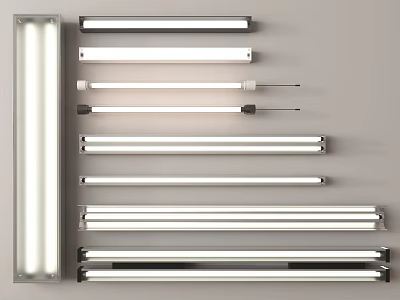Various Types of Illuminated Fluorescent Tubes in Different Sizes Mounted on Wall 3d model