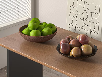 Fresh Apples in Two Bowls on Wooden Table with Blinds and Geometric Wall 3d model