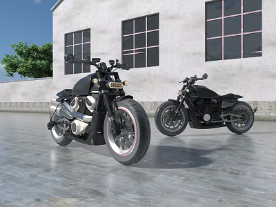Two Black Motorcycles Parked Near Gray Building With Large Windows And Concrete Ground 3d model