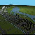 Aerial View Urban Planning Featuring River Green Spaces Road Network And Building Layout