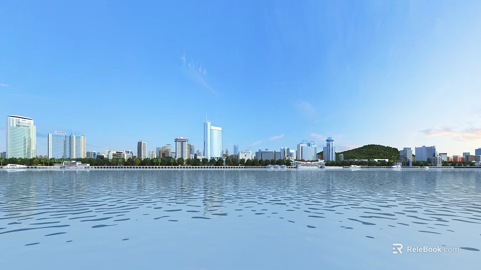 Urban City Skyline View With Water Reflections And Blue Sky Tall Buildings 3d model 