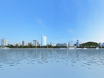 Urban City Skyline View With Water Reflections And Blue Sky Tall Buildings 3d model