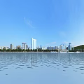 Urban City Skyline View With Water Reflections And Blue Sky Tall Buildings