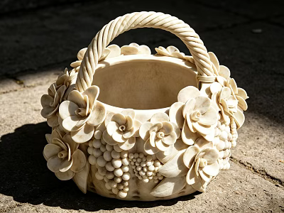 Intricate Carved Sculpture Basket Featuring Floral And Grape Decorations In Stone 3d model