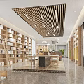 Spacious Modern Library Interior With Wooden Slat Ceiling Bookshelves Wooden Table Chairs And Green Plants