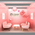 Cozy Pink Leisure Area Interior With Sofas Chairs Small Table Balloons And Flower Decorations