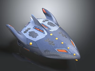 Sleek Blue Futuristic Scifi Spaceship with Angular Orange Accents Protruding Fins and Yellow Dots 3d model
