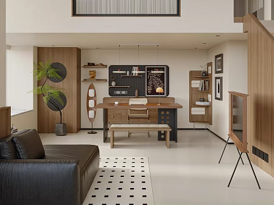 Modern Living Room Interior Design With Black Leather Sofa Checkered Rug And Wooden Furniture 3d model