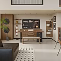 Modern Living Room Interior Design With Black Leather Sofa Checkered Rug And Wooden Furniture