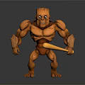 Cartoon Style Muscular Wooden Figure Standing Pose With Rugged Texture Holding Yellow Stick