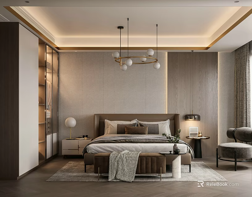 Modern Elegant Bedroom Interior With Bedside Tables Globe Chandelier Built in Shelves And Area Rug 3d model 