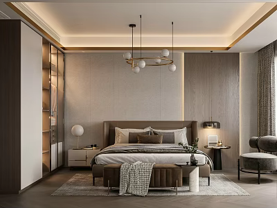 Modern Elegant Bedroom Interior With Bedside Tables Globe Chandelier Built in Shelves And Area Rug 3d model