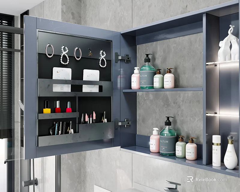 Modern Bathroom Accessories Storage Cabinet With Earrings Towels And Skincare Bottles On Shelves 3d model 