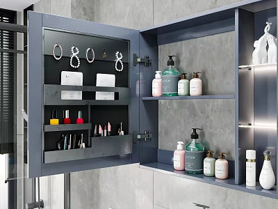 Modern Bathroom Accessories Storage Cabinet With Earrings Towels And Skincare Bottles On Shelves 3d model