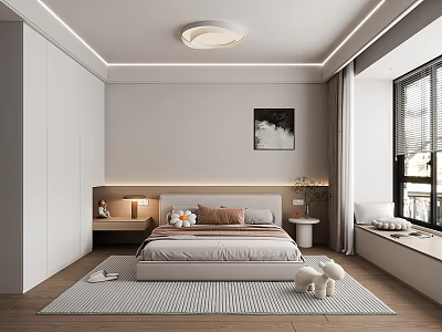 Modern Minimalist Bedroom Interior Design With White Wardrobe Bed Window And Area Rug 3d model