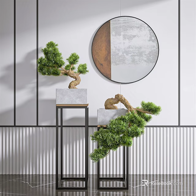 Bonsai Potted Plants On Black Stands With Round Mirror And Striped Wall Decor 3d model 