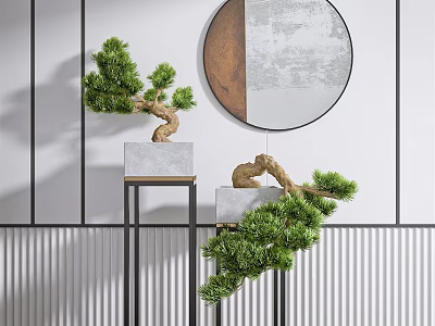 Bonsai Potted Plants On Black Stands With Round Mirror And Striped Wall Decor 3d model