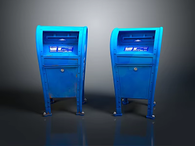 Two Blue Standing Self Service Kiosks With Digital Screens And Locks 3d model