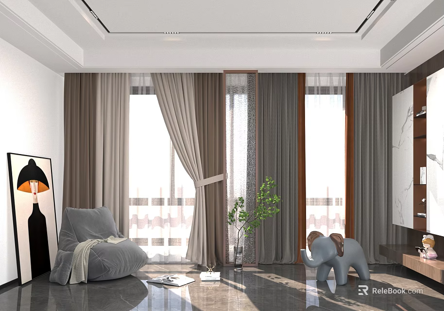 Gray Curtains In Modern Living Room With Large Windows Natural Light And Decorative Plants 3d model 