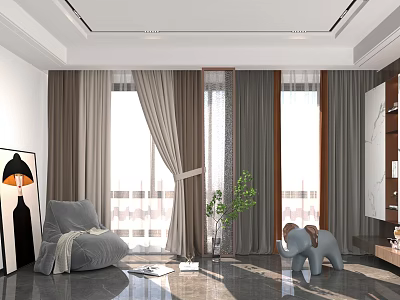 Gray Curtains In Modern Living Room With Large Windows Natural Light And Decorative Plants 3d model
