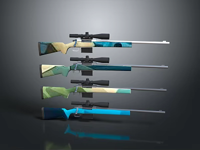 Rifles Featuring Scopes In Various Colors And Designs Arranged On Grey Background 3d model