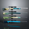 Rifles Featuring Scopes In Various Colors And Designs Arranged On Grey Background