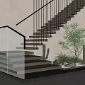 Modern Staircase Featuring Glass Railing Dark Steps Lighting And Surrounding Green Plants Cacti Small Stones