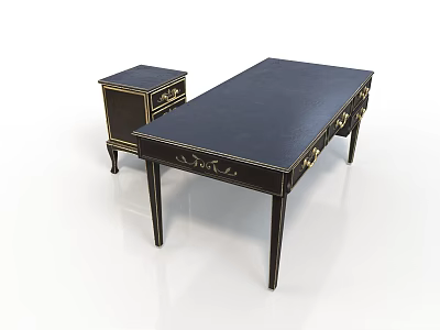Elegant Classic Black Lacquered Desk with Gold Accents and Matching Side Table 3d model