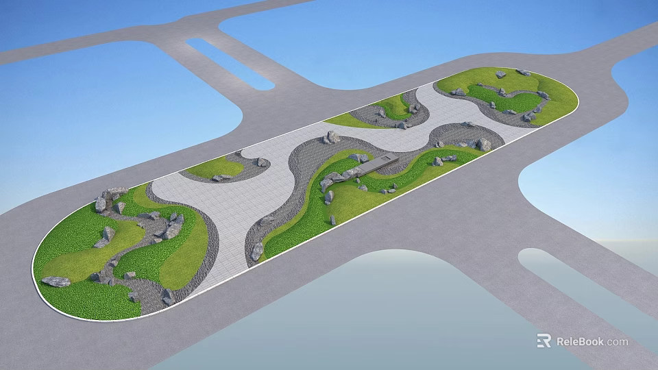 Modern Landscape Design With Paved Pathways Green Lawns And Decorative Stones 3d model 