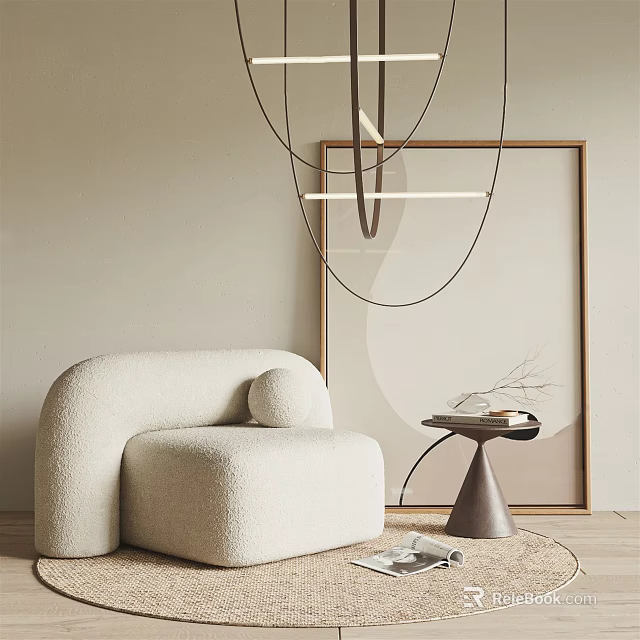 Beige Plush Single Sofa With Curved Design And Side Table Near Wall Art 3d model 