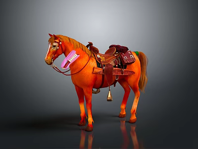 Orange Horse With Brown Saddle And Pink Decorative Reins On Gray Background 3d model
