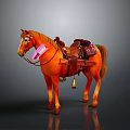 Orange Horse With Brown Saddle And Pink Decorative Reins On Gray Background