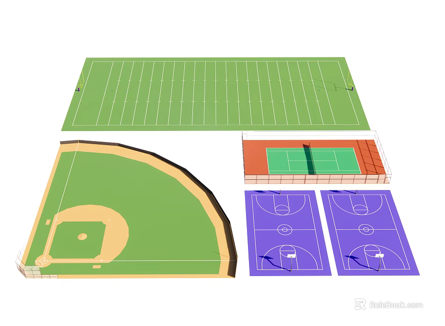 Soccer Field Layout With Baseball Tennis And Basketball Courts Design 3d model 